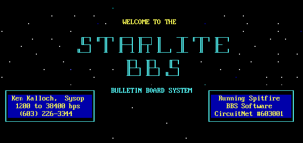 Starlite BBS welcome screen